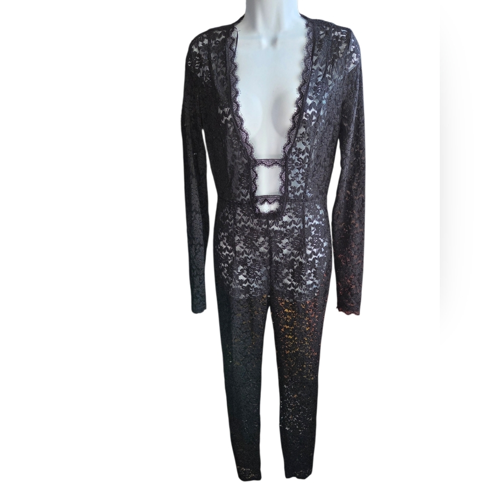 NWT Fashion Nova Black Sheer Floral Lace Long Sleeve Jumpsuit Size L